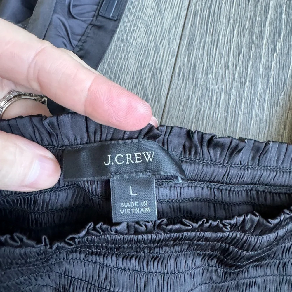J. Crew  Squareneck Smocked Featherweight Satin Crop Top in Black Size Large